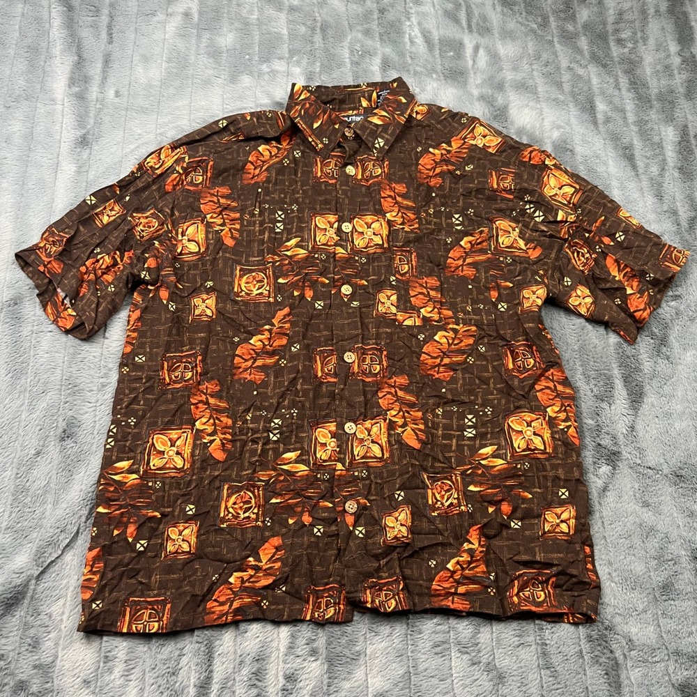 Puritan Mens Large Brown Orange Tropical Aloha Rayon Short Sleeve Button Shirt